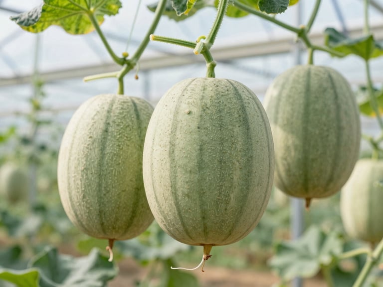 Healthy green melon fruits hanging in a modern greenhouse, clean agricultural setup, bright natural light