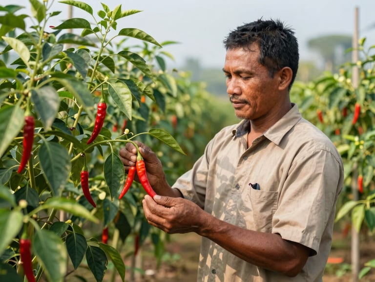 Proud Indonesian farmer standing in a thriving chili plantation, holding fresh red chilies, morning sun, sharp focus