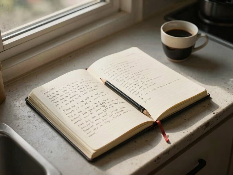 Close overhead shot of an open field notebook resting on a worn kitchen counter, handwritten observations visible in pencil, a small espresso cup beside it, warm north-facing window light from the left