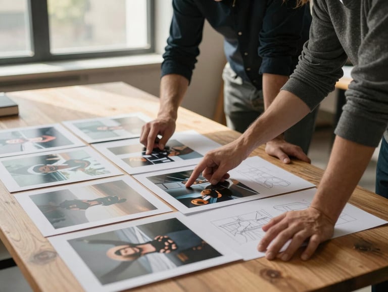 Two people leaning over a large wooden table covered in printed photo proofs and layout sketches, one pointing at an image detail, warm afternoon light through a tall window, hands and papers in sharp focus