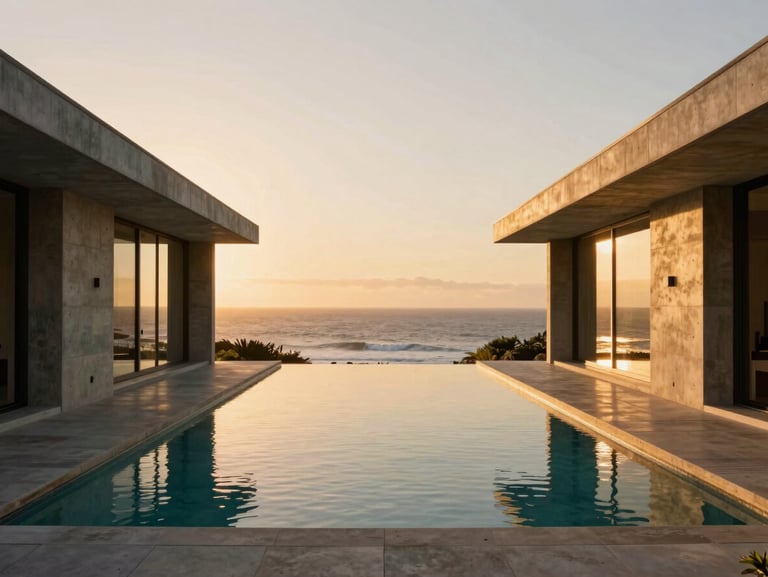 Symmetrical architectural photograph of a modern luxury villa concrete facade overlooking the ocean at sunset, warm golden-hour light reflecting on a pristine infinity pool, Garden Route coastline in the background.
