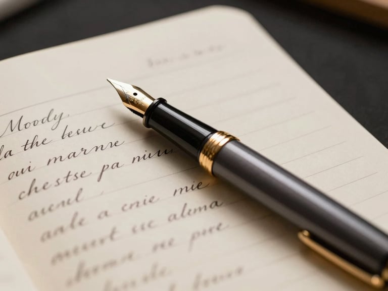 Moody close-up of a fountain pen resting on an open notebook page with elegant cursive Spanish text, warm side lighting, dark background.