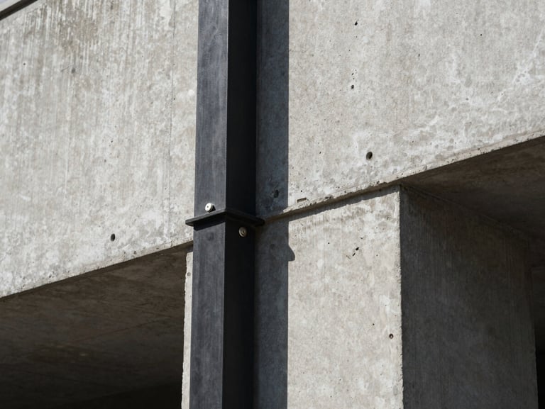 Detailed close-up of structural raw concrete meeting a perfectly aligned black steel column, sharp daylight, technical architectural detail.