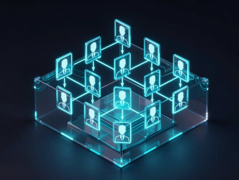 Isometric 3D render of an HR organization chart layered on glass panels, glowing neon indigo lines connecting profiles, dark studio background