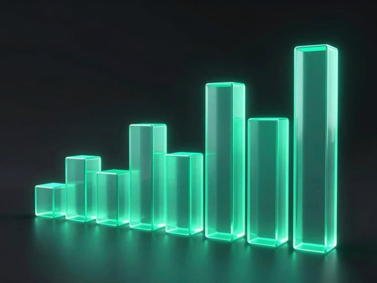 Sleek 3D financial bar chart showing cross-company revenue streams, glowing neon cyan bars, dark glass refraction, premium UI detail