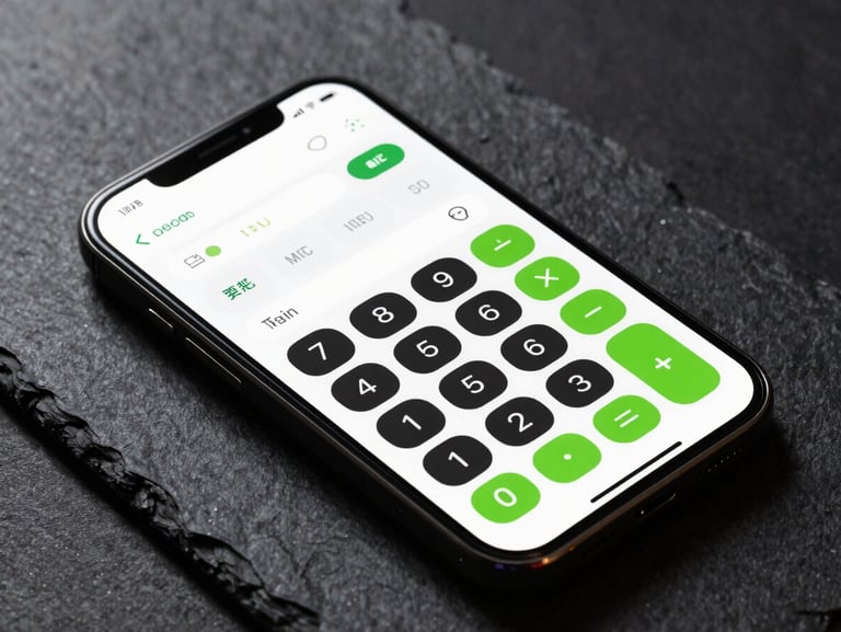 Extreme close-up overhead shot of a physical Android phone on a dark slate desk. The screen displays a high-fidelity vector UI mockup of a clean, high-contrast calculator tool with vibrant green accents. Subtle screen glow illuminates the slate surface.