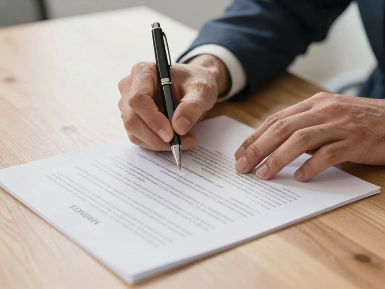 Close-up of hands signing a physical legal document with a premium pen on a clean wooden desk, bright natural light.