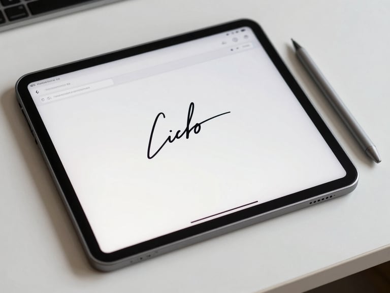 A secure tablet displaying an encrypted digital signature interface with a stylus resting beside it on a clean slate surface.