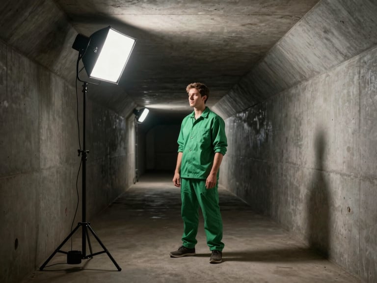 High-contrast behind-the-scenes shot of a creator in a green kit standing in a concrete stadium tunnel, dramatic single-source floodlight illumination