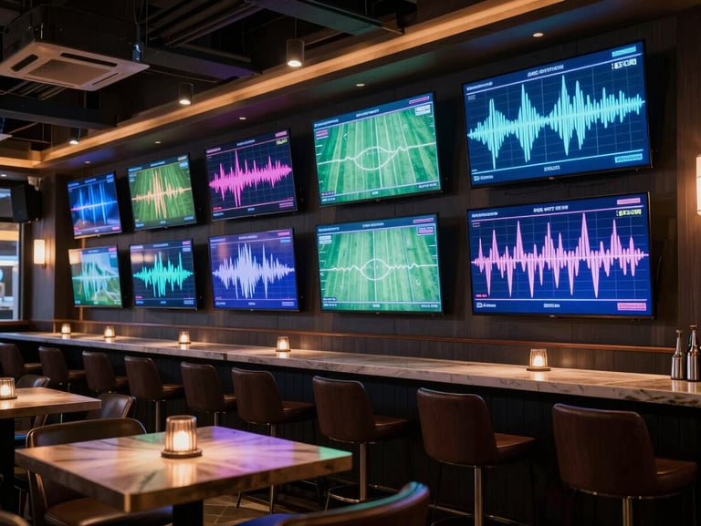 A high-end sports bar interior with a wall of perfectly calibrated television screens displaying vibrant sports waveforms, cool-toned ambient lighting, crisp modern layout.