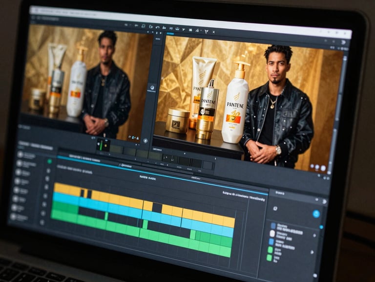 Close-up of a high-end video editing monitor showing a commercial timeline for Pantene, vibrant color grading, professional software interface.