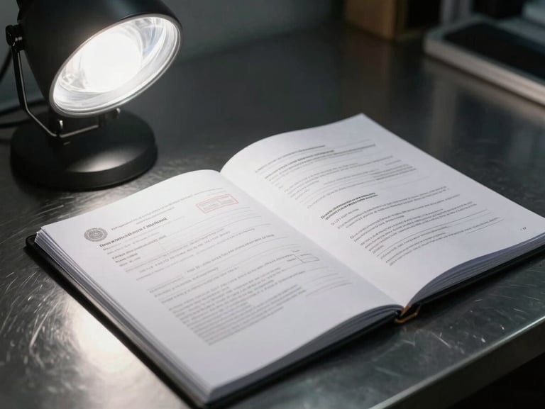 Tight close-up of an open manila folder on a steel desk surface containing printed compliance documents and a destruction certificate form, cool overhead studio strobe lighting, sharp focus on the document headers and stamp marks, dark steel background out of focus