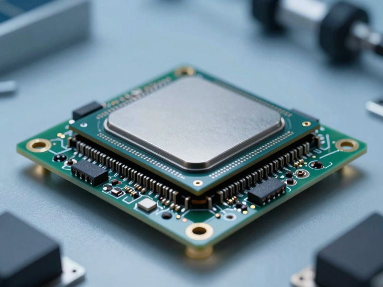 Macro close-up of a multi-layer automotive PCB with a high-performance processor and clean solder joints under cool clinical blue laboratory lighting.