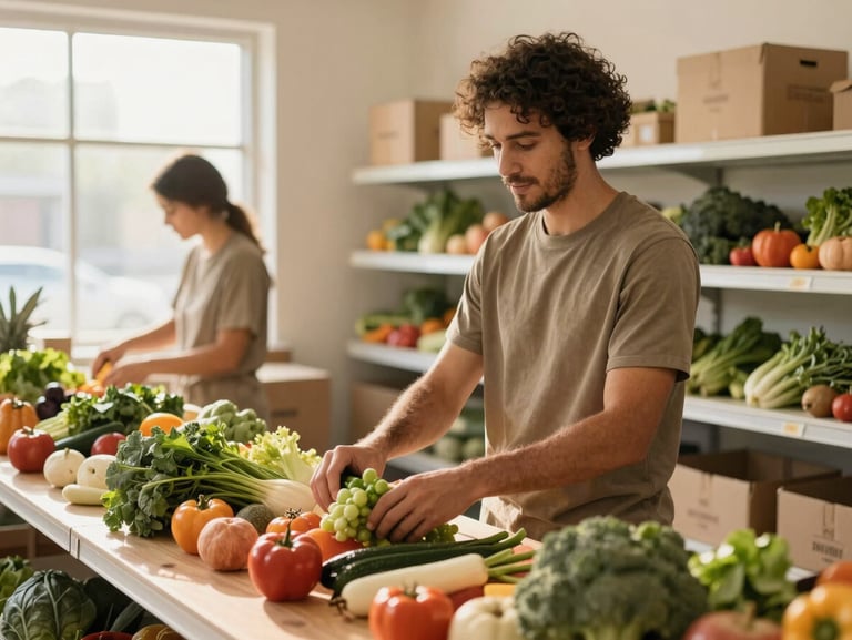 Warm environmental portrait of a volunteer organizing fresh produce in a bright, clean community pantry, soft window light, 35mm lens.