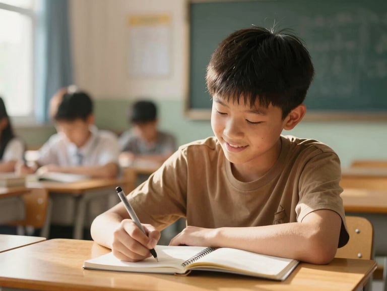 A young student in a sunlit classroom writing in a notebook, smiling thoughtfully, warm natural light, 35mm lens.