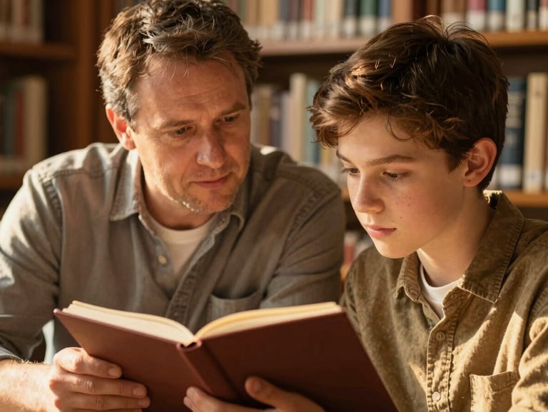 Close-up of a mentor and teenager reviewing a notebook together in a sunlit library, focused expressions, warm golden-hour light, 35mm lens.