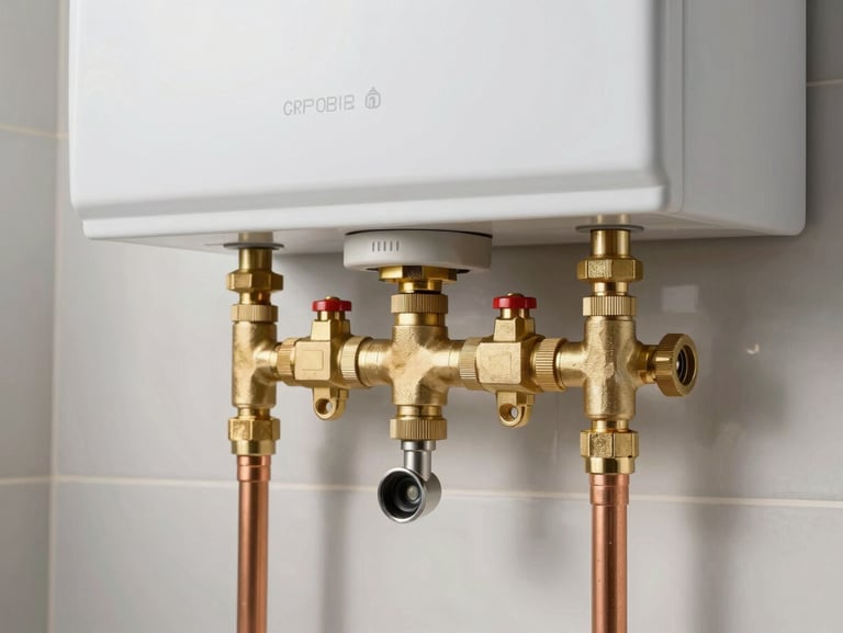 Close-up of a modern tankless water heater with clean brass valves and copper connections, bright daylight, organized layout.