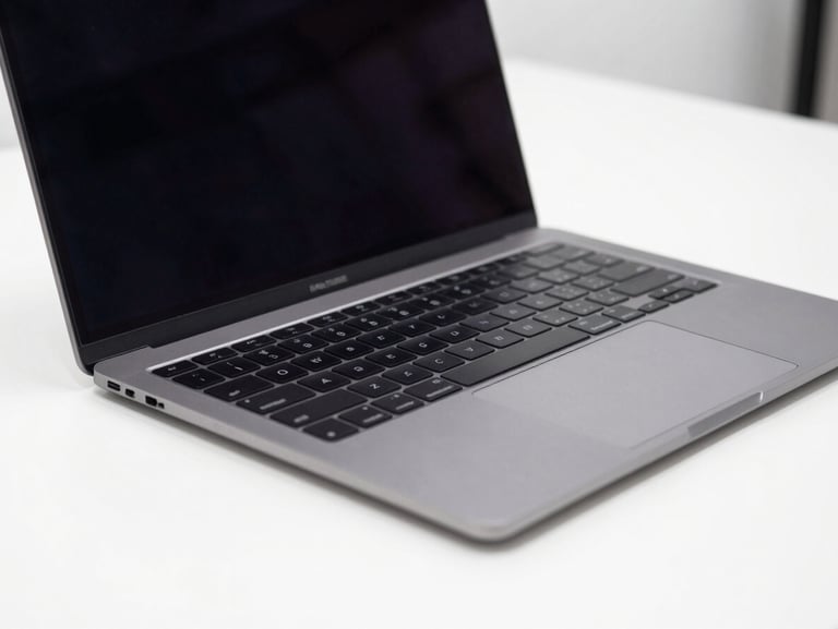 Close-up of a sleek dark gray laptop open on a clean white desk, bright studio lighting, sharp focus