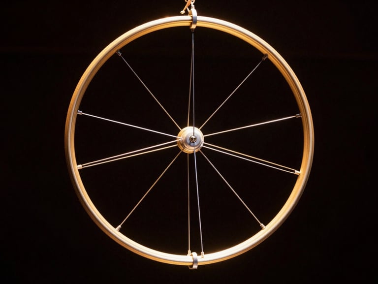 Technical diagram aesthetic of a circular Cyr wheel and aerial hoop rigging points, clean lines, high-contrast gold and white on dark background