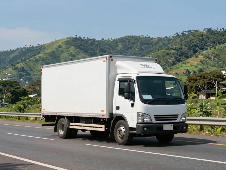 Bright daylight wide shot of a clean commercial delivery truck driving smoothly on a paved highway in Papua, surrounded by lush green hills and clear blue skies, representing mobility and administrative compliance.