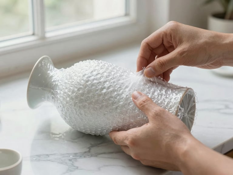 Close-up shot of hands carefully wrapping a delicate ceramic vase in heavy-duty bubble wrap on a clean marble countertop. Bright, natural window light, high clarity, focusing on the precision of the packing technique.