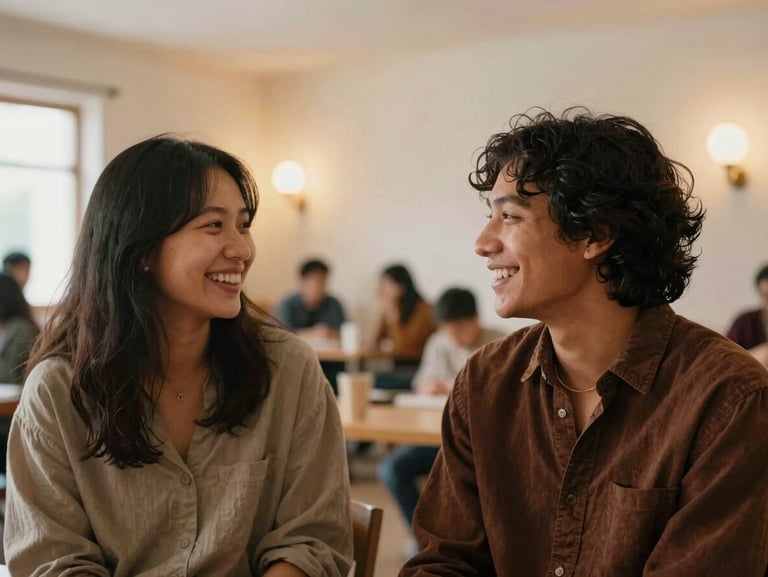 A warm, eye-level portrait of two cultural exchange participants sharing a laugh in an indoor community space, soft ambient light.