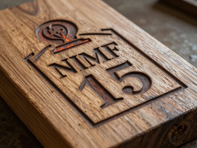 Primer plano de un sello de certificación NIMF 15 grabado a fuego sobre la madera densa de un palet, con detalles de la veta y textura rugosa bajo luz de taller.