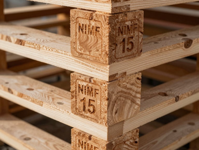 Extreme close-up of a dense native wood pallet joint, showing the heat-treatment NIMF 15 stamp clearly branded into the wood grain, raw functional sawmill lighting.