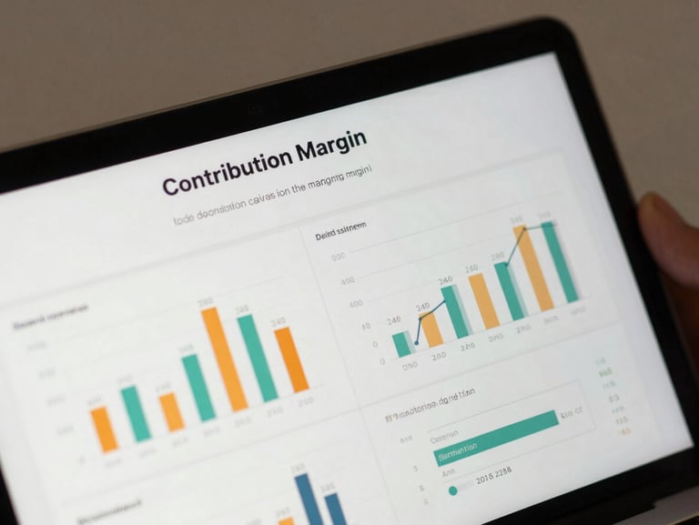 Macro shot of a clean, minimalist e-commerce dashboard showing contribution margin and channel performance metrics, soft daylight lighting, sharp focus on data charts.