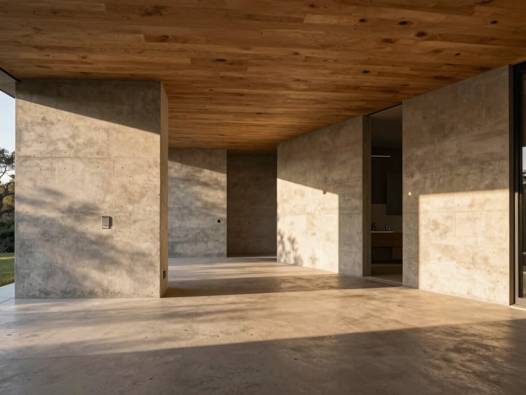 Bespoke private residence with raw concrete walls and warm timber ceilings, wide-angle interior, dramatic golden hour light, 35mm