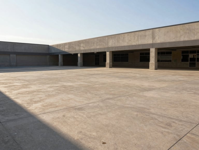 Monolithic concrete commercial plaza with sharp diagonal shadows, extreme wide shot, crisp morning light, 35mm