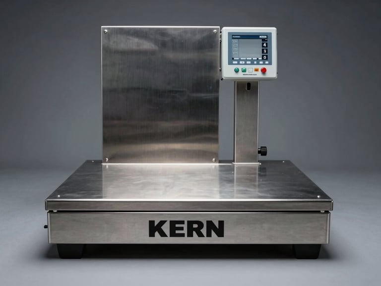 Symmetrical studio shot of a heavy-duty KERN industrial platform scale, brushed stainless steel texture, cool high-contrast lighting emphasizing metallic edges