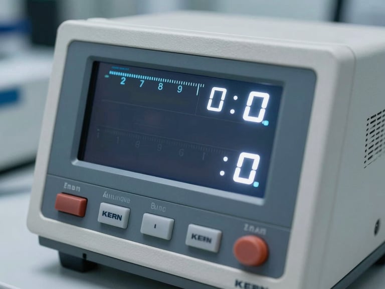 Macro close-up of a KERN laboratory scale digital display showing precise decimal values, bright white LED illumination, clinical laboratory background