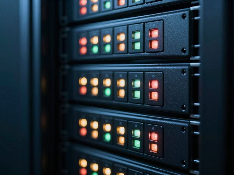 Abstract macro shot of clean server rack status lights blinking in a dark, cool-toned datacenter, high-contrast blue and charcoal tones, shallow depth of field.