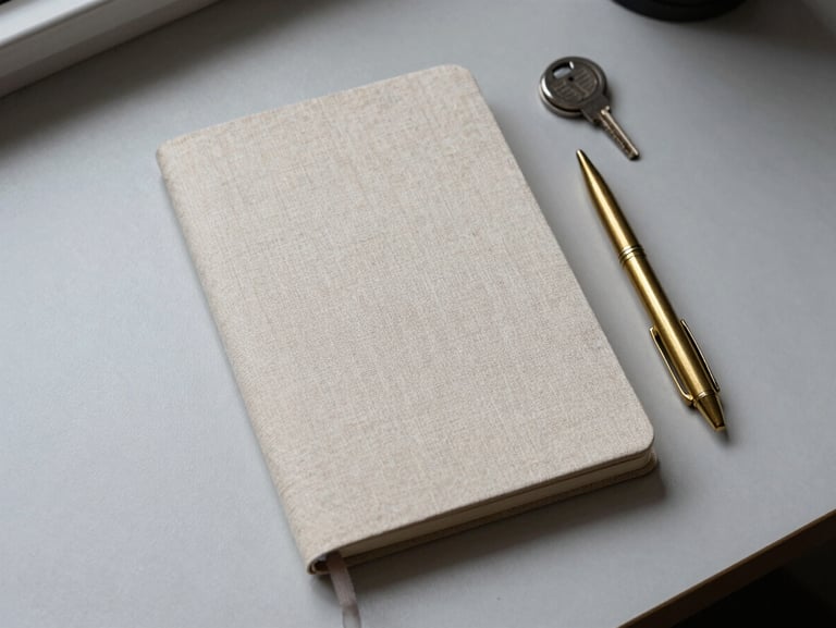 Overhead flat-lay of a minimalist linen notebook, a sleek brass pen, and a small key organizer on a clean light gray desk, soft natural light.