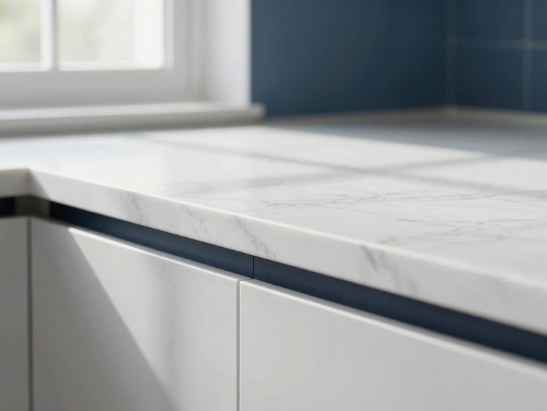 Crisp architectural detail of a white marble kitchen countertop, bright natural window daylight casting soft realistic shadows, 35mm lens.