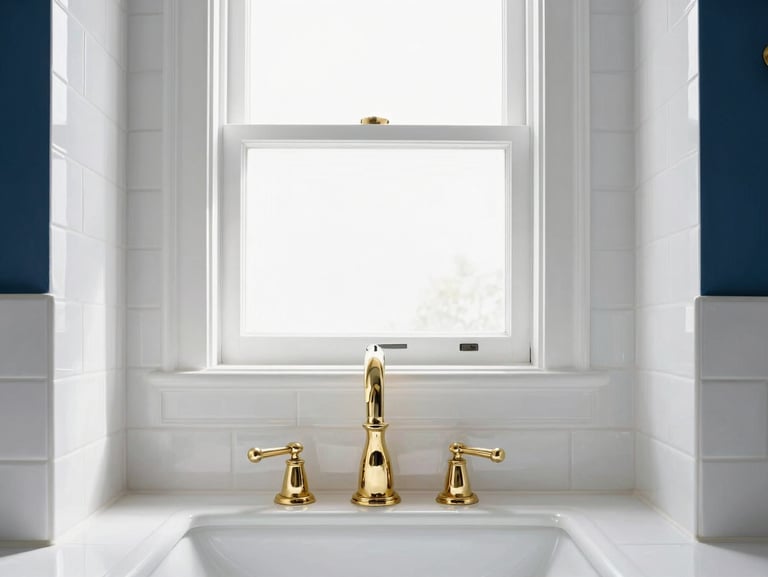 Sunlit luxury bathroom with polished brass fixtures, clean white subway tiles, and pristine glass, sharp architectural focus.
