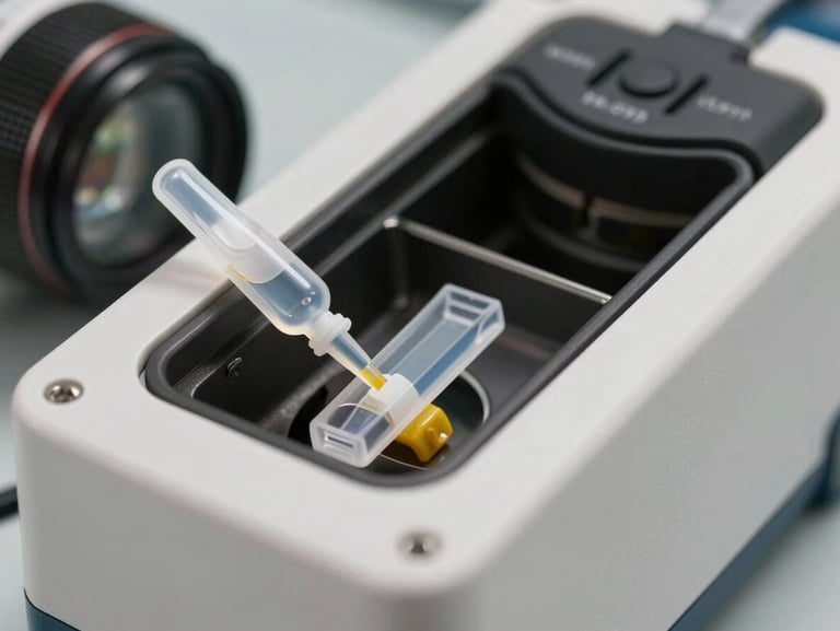 Close-up of a lyophilized reagent cartridge being inserted into a ruggedized thermal cycler slot, technical precision focus