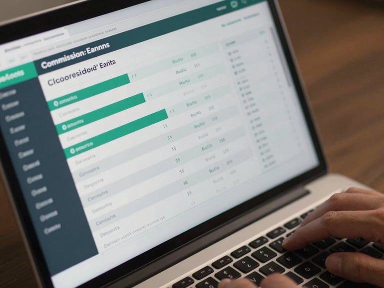 Close-up overhead shot of a laptop screen displaying a commission earnings dashboard with tiered payout figures in emerald and slate, soft studio light eliminating glare, a hand resting at the keyboard edge, transaction rows visible mid-scroll