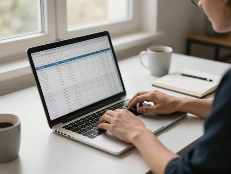 Wide environmental shot of a home office desk mid-work, a creator's hands typing on a laptop with a earnings dashboard visible on-screen, soft north-facing window light, coffee mug and notebook in the peripheral, no posed elements — captured in motion