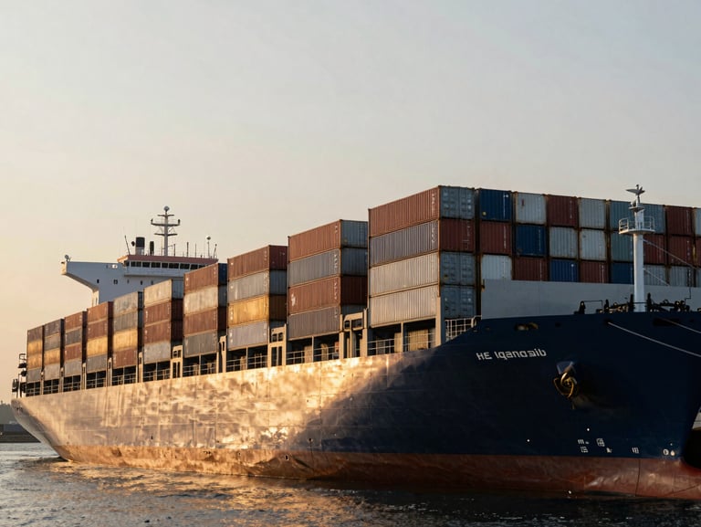 A wide-angle, low-contrast shot of a massive container ship docked at a modern industrial port during overcast golden hour, soft warm light reflecting off steel containers.