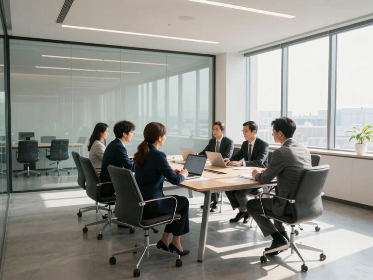 A clean, modern corporate boardroom with glass walls, natural daylight casting soft shadows, professional team collaborating around a table, wide angle environmental shot.