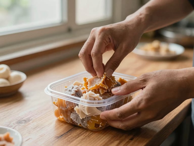 Close-up of hands carefully sealing a container of Malay frozen food on a wooden counter, soft natural light from a window, warm tones, ingredients visible in background, documented feel