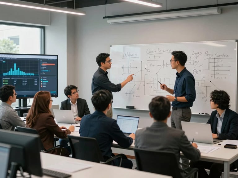 Modern Indonesian corporate environment with collaborative workshop, whiteboards, and digital screens under cool office daylight