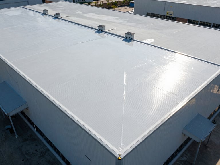High-angle drone shot of a brilliant white reflective roof coating being applied to an industrial building, clean geometric lines, harsh cool midday light.