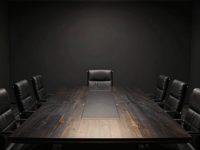 Wide cinematic view of a high-end corporate boardroom, low-key dramatic lighting, dark matte obsidian tones, soft metallic reflections on a polished table.
