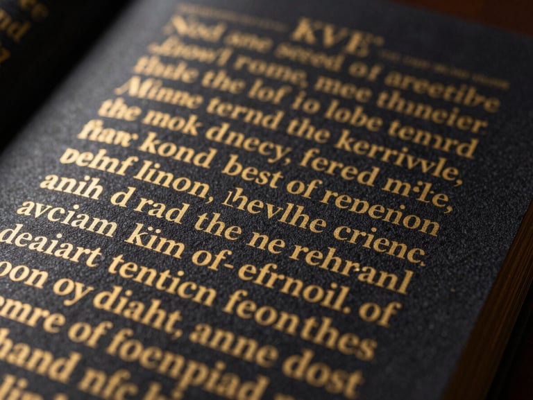 Macro close-up of a premium textured canvas print with elegant gold serif KJV scripture, dramatic low-key studio lighting with golden highlights.