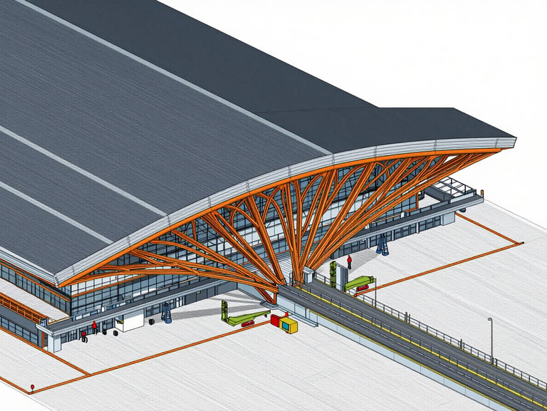BIM model rendering of Mactan Cebu Airport terminal building, showing complex glulam-to-steel connection detailing
