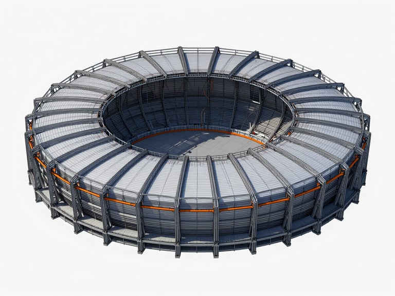 Technical 3D wireframe render of Volgograd Stadium roof structures, complex cable-net support ring visible