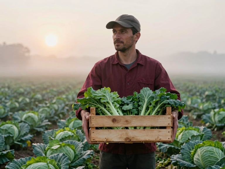 A regional farmer standing in a misty cabbage field at sunrise, holding a wooden crate of fresh greens, soft overcast daylight